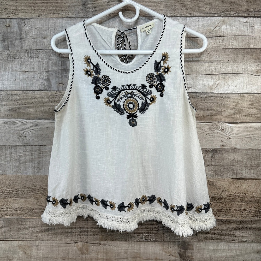 Max Studio Womens Cotton Embroidered Boho Tank Top White Black Tassel Fringe M